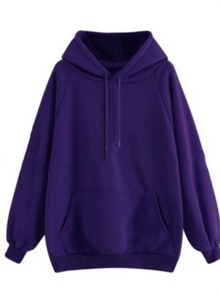 Purple solid color women's sweatshirt with long sleeves and front pockets, featuring a loose fit and hood for cozy style.